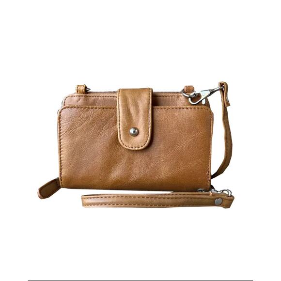 NWT Roma Leathers Brown Phone Pouch with Credit Card Slots Shoulder Strap - Picture 1 of 5